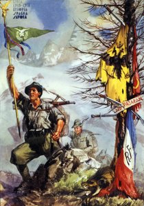 Erster Weltkrieg: Plakat zur Feier des Vestone-Bataillons der italienischen Alpenjäger (Alpini), 6. Regiment