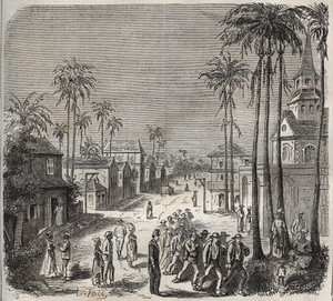 Forcats auf dem Weg zur Arbeit im Penitencier Saint-Laurent in Cayenne (Französisch-Guayana) im 19. Jahrhundert. Gravur in „Histoire des bagnes depuis leur création à nos jours“ (1877) von Pierre Zaccone (1817-1895).