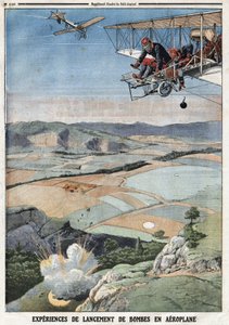 Französische Armee: „Erfahrungen mit dem Abwurf von Bomben aus Flugzeugen“. Gravur in „Le Petit Journal“, am 14.04.1912. Private Sammlung.