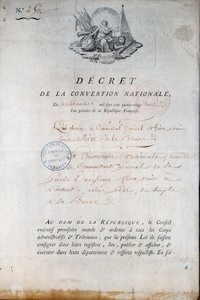 Französische Revolution: Dekret des Konvents vom 11./12.1792, das die Nationalgarde anweist, König Ludwig XVI. aus dem Tempelgefängnis vor Gericht zu bringen. Paris. Polizeipräfektur