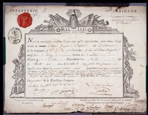 Französische Revolution: offizielles Dokument des militärischen Urlaubs datiert 5 Prairial Jahr IV (24.05.1796) eines Leutnants der Brigade des Bezirks Cambrai. Departementalarchive von Nord Lille