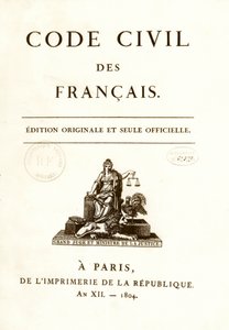 Frontispiz einer der zwölf Originalausgaben des „Code civil des français“, verkündet von Napoleon Bonaparte am 21.03.1804. Französisches Zivilgesetzbuch. von Anonymous Anonymous