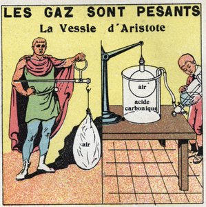 Gasdruck: Die Gase sind schwer. Experiment mit der Blase von Aristoteles (384-322 v. Chr.) über die Schwerkraft der Luft. Er bläst eine Blase mit Luft auf und stellt fest, dass die aufgeblasene Blase mehr wiegt als eine leere Blase. Anonyme Illustration vo von Anonymous Anonymous