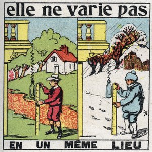 Körnigkeit: Sie variiert nicht an einem Ort. Ein Kind misst die Schwerkraft mit einer Feder an derselben Stelle im Sommer und Winter. Anonyme Illustration von 1925. Private Sammlung.