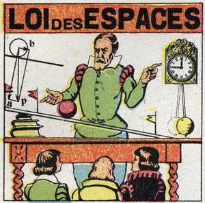 Körnung: Gesetz der Räume. Galileo Galilei (1564-1642) beobachtet die Bewegung einer Kugel auf einer geneigten Ebene, um den Fall von Körpern zu studieren. Anonyme Illustration von 1925. Private Sammlung.