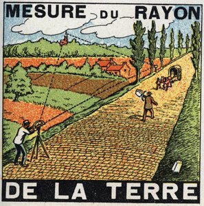 Gravitation: Messung des Erdradius. Anonyme Illustration von 1925. Private Sammlung.