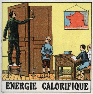 Wärmeenergie: Ein Lehrer hält in einem Klassenzimmer eine Kerze nahe einer offenen Tür. Anonyme Illustration von 1925. Private Sammlung.