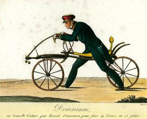 Geschichte des Fahrrads: die Draisine, ein sehr beliebtes neues Fahrzeug um 1818. Gravur von 1818. Private Sammlung