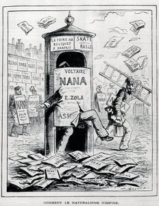 Wie der Naturalismus auferlegt wird: satirische Zeichnung über den naturalistischen Roman über das Buch „Nana“ von Emile Zola. Gravur des 19. Jahrhunderts. Private Sammlung.