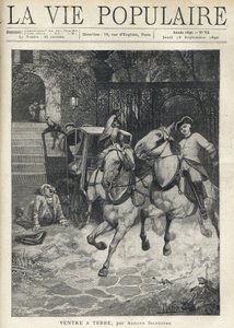 Vor der Treppe eines kleinen Schlosses kommt ein junger Reiter in den Hof, spuckt sein Pferd an und versetzt die Pferde des Gespanns in Panik, ein großer Mann mit Perücke liegt nach einem Sturz auf dem Boden. Illustration von Alfons Maria Mucha