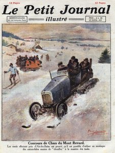 Innovation bei Autos in den Bergen, Ketten werden auf die Räder gelegt, um ein Abrutschen zu verhindern. Illustration aus „Le petit journal“ vom 27.02.1921. Private Sammlung von Anonymous Anonymous