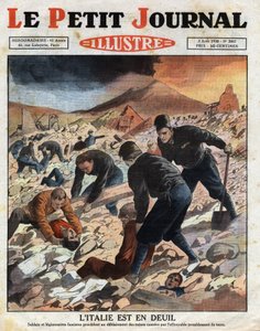 Italien trauert: Soldaten und faschistische Legionäre räumen die Trümmer nach dem schrecklichen Erdbeben östlich von Neapel. Gravur. Eine der Zeitungen „Le Petit Journal Illustré“, am 3.08.1930.