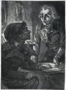 Jean-Paul (Jean Paul) Marat (1743-1793) mit Maximilian Robespierre (1758-1794). Gravur von 1866 in „Histoire de la Révolution française“ von Adolphe Thiers. Private Sammlung.