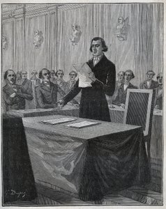 Jean Baptiste Andre Dumas (1800-1884), französischer Chemiker, präsentiert der Akademie der Wissenschaften seinen Bericht über die Erfindung von Ruolz und Elkington. Gravur aus 1885 in „Les arts et metiers illustres“ von Adolphe BITARD. von Anonymous Anonymous