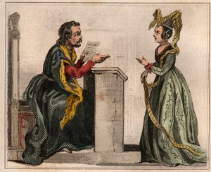 Jehan Pastoret (1328-1405), Präsident des Pariser Parlaments unter der Herrschaft von Karl V. mit einer adligen Frau, die einen Liripion trägt. Gravur von 1859 in „Le Monde. Geschichte aller Völker von den frühesten Zeiten bis zur Gegenwart“ von M. E. de L