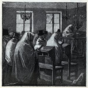 Jüdische Feste: Gläubige während des Gebets in einem Oratorium während der Feiertage. Gravur in „Le monde illustré“ von 1892. Private Sammlung. von Anonymous Anonymous