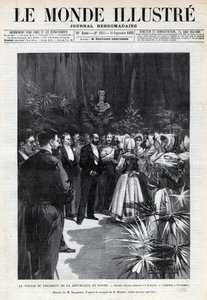 Reise von Sadi Carnot (1837-1894) nach Savoyen: Der Präsident der Republik wird in Chambéry von jungen Mädchen mit einem Blumenstrauß begrüßt. Eine Zeitung. Gravur in „Le monde illustré“ von 1892. Private Sammlung.