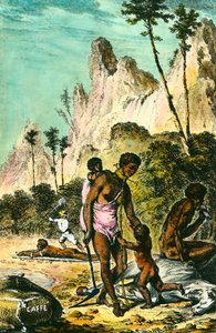 Reise zur Ile de France (heutiges Mauritius): die Arbeit der Sklaven. Ein weißer Ausbeuter peitscht einen am Boden liegenden Sklaven. Eine Frau trägt eine Halskette mit ihrem Fuß. Gravur aus dem 18. Jahrhundert. Private Sammlung. von Anonymous Anonymous