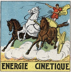 Kinetische Energie: Wagenlenker in der Antike, der einen von Pferden gezogenen Wagen fährt. Anonyme Illustration von 1925. Private Sammlung.