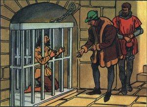 König Ludwig XI. besucht die Käfige des Bastille-Gefängnisses. Anonyme Illustration in Collection des souverains et chefs d