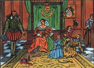 König von Frankreich Heinrich IV. (1553-1610) spielt mit seinen Kindern vor dem spanischen Botschafter. In der Mitte, Königin Maria von Medici, die Kinder sind Ludwig XIII., Elisabeth von Frankreich, Christine von Frankreich und Nicolas. Anonyme Illustrati von Anonymous Anonymous