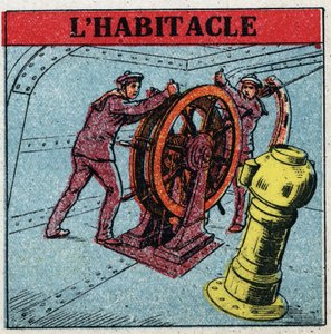 Landmagnetismus: Zwei Matrosen manövrieren das Ruder eines Schiffes und schauen auf das Cockpit, eine Kupferbox, in der sich ein Kompass befindet. Anonyme Illustration von 1925. Private Sammlung. von Anonymous Anonymous