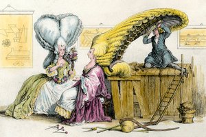 Große exzentrische Frisuren: junge Frauen des Adels mit Perücke gestylt. Gravur von 1788. Privatsammlung