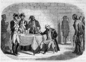 Letzter Moment des Herzogs Armand Louis de Gontaut de Biron, General-in-Chief der Armeen des Rheins und der Var; gestorben 1793 - Gravur in „Histoire des Girondins“ von Alphonse de Lamartine (1790-1869) 1865-1866. Private Sammlung.