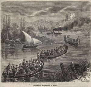 Das Zuchthaus von Toulon - eine Kette, die die Rhone hinuntergeht - Gravur in „Histoire des bagnes depuis leur création à nos jours“ (1877) von Pierre Zaccone (1817-1895)