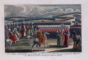 Der osmanische Sultan Selim III. inspiziert seine neue Infanterie