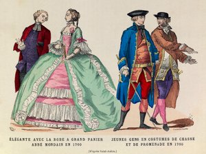 Links: Elegante mit großem Korbkleid, mondäner Abt 1760 / Rechts: Junge Männer in Jagd- und Spazieranzug 1760 (Herrschaft von König Ludwig XV.) - private Sammlung von Anonymous Anonymous