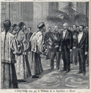 Li Hongzhang wird vom Präsidenten der Republik Felix Faure (1841-1899) im Elysee-Palast empfangen. Gravur in „Le Petite Parisien“