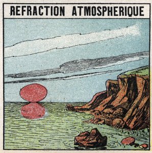 Lichtbrechung: Atmosphärische Brechung gibt die Illusion, dass die Sonne beim Auf- oder Untergang größer ist als im Zenit. Anonyme Illustration von 1925. Private Sammlung.