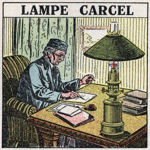 Lichtquellen: Carcel-Lampe, erfunden von Guillaume Carcel (1750-1812) und mit Pflanzenöl betrieben. Anonyme Illustration von 1925. Private Sammlung. von Anonymous Anonymous