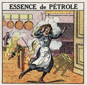 Lichtquellen: Eine Frau fängt Feuer beim Umgang mit einer Öllampe. Anonyme Illustration von 1925. Private Sammlung.