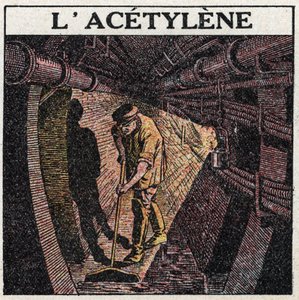 Lichtquellen: Beleuchtung durch Acetylen, das in Trommeln verwendet wird. Anonyme Illustration von 1925. Private Sammlung.