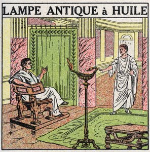 Lichtquellen: Öllampe, verwendet in der Antike. Anonyme Illustration von 1925. Private Sammlung. von Anonymous Anonymous