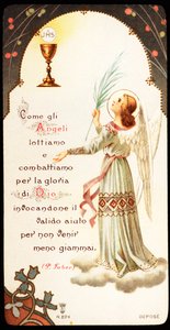 Wie die Engel kämpfen wir für die Herrlichkeit Gottes. Andachtsbild mit einem Kelch und einer Hostie, auf der das Monogramm Jesu Christi, JHS, zu sehen ist. 20. Jahrhundert. Private Sammlung von Anonymous Anonymous