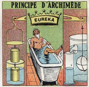 Flüssigkeitswaage: Prinzip von Archimedes (Körper ins Wasser tauchen). Während er ein Bad nahm, bemerkte Archimedes von Syrakus (287 v. Chr. - 212 v. Chr.), dass sein Bein außerhalb des Wassers schwerer wog als im Wasser und rief „Eureka!“. Anonyme Illustr