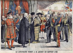 London, Großbritannien. Sir Marcus Samuel überreicht Präsident Emile Loubet nach dem Empfang im Guildhall eine goldene Schachtel. Le Petit Journal, Juli 1903. von Anonymous Anonymous