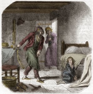 Louis XVII (1785-1795) im Tempel, mit seinem Gefängniswärter, dem Schuhmacher Antoine Simon - Gravur in „Histoire des Girondins“ von Alphonse de Lamartine (1790-1869) 1865-1866 - Private Sammlung