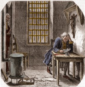 Ludwig XVI. (1754-93) liest sein Testament im Tempel 1792 - Ludwig XVI. liest sein Testament im Turm des Tempels am 25. Dezember 1792 - Gravur in „Histoire des Girondins“ von Alphonse de Lamartine (1790-1869) 1865-1866 - Private Sammlung