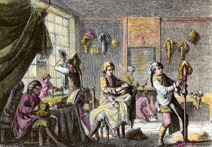 Mode von Louis XV: Ansicht des Inneren eines Perückenfriseurs. Gravur um 1755. Private Sammlung von Anonymous Anonymous