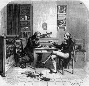 Maximilien de Robespierre 1758-1794, französischer Politiker, Mitglied des Wohlfahrtsausschusses mit Maurice Duplay in seinem Zimmer - Chambre de Maximilien de Robespierre chez Maurice Duplay (1736-1820) rue Saint-Honore a Paris - Gravur in „Histoire des G