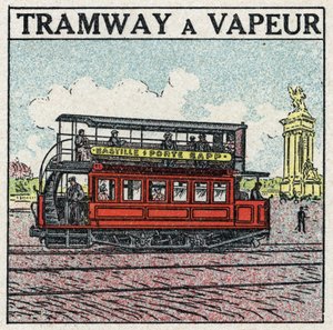 Mechanische Traktion: Dampfstraßenbahn, die Ende des 19. Jahrhunderts in Paris auf der Bastille-Linie erschien. Anonyme Illustration von 1925. Private Sammlung