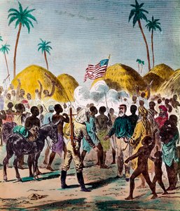 Treffen des Journalisten Henry Morton Stanley (1841-1904) und David Livingstone (1813-1873), britischer Arzt und Entdecker, am 10.11.1871 in Tansania. Gravur des 19. Jahrhunderts. Private Sammlung von Anonymous Anonymous