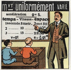 Bewegungen: ein Lehrer lehrt die Formeln der gleichmäßig variierenden Bewegung. Anonyme Illustration von 1925. Private Sammlung.