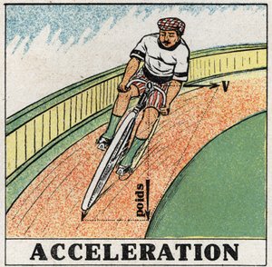 Bewegungen: Beschleunigung. Ein Radfahrer in einer Kurve. Anonyme Illustration von 1925. Private Sammlung.