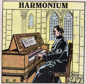 Musikinstrumente: Blasinstrumente bei der Hüfte. Harmoniumspieler in einer Kirche. Anonyme Illustration von 1925. Private Sammlung.