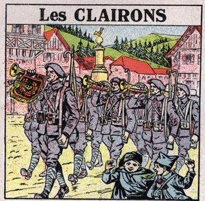 Musikinstrumente: Blasinstrumente mit einem Krugmundstück. Hornisten während eines Militärlaufs. Anonyme Illustration von 1925. Private Sammlung.